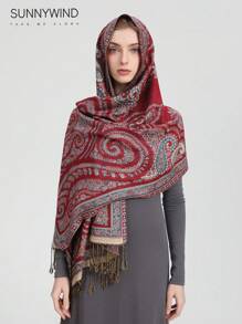 1 件休闲百搭佩斯利花卉印花宽松优雅围巾 - 酒紅色 - 查看 1