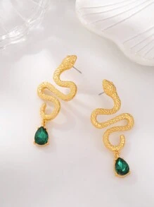 1 对金色蛇形绿宝石泪珠吊坠耳环