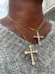 Hiphop bunter Strass Kreuz glänzender großer Anhänger Edelstahl Halskette Charm funkelnde elegante dünne Ketten Halsketten als Modeschmuck Geschenke für Frauen