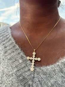 Hiphop bunter Strass Kreuz glänzender großer Anhänger Edelstahl Halskette Charm funkelnde elegante dünne Ketten Halsketten als Modeschmuck Geschenke für Frauen