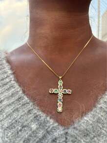 Hiphop bunter Strass Kreuz glänzender großer Anhänger Edelstahl Halskette Charm funkelnde elegante dünne Ketten Halsketten als Modeschmuck Geschenke für Frauen