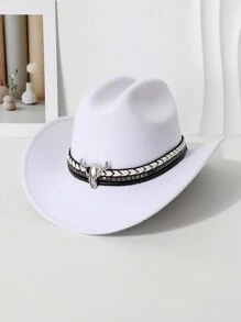 1pc Women's Detachable DIY Rhinestone Rivet Bull Head Decor Upturned Brim British Style Party Hat, Suitable For Spring/Autumn Performances, Light Shows, Sun Protection, Fashion Cowboy Party/Holiday/Casual Wear - One-word Hat - View 3
