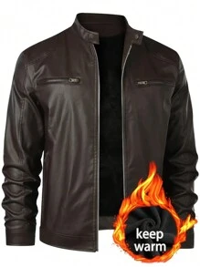 Men's PU Leather Jacket, Autumn/Winter, Thermal Lined, Thickened, Retro Motorcycle Coat