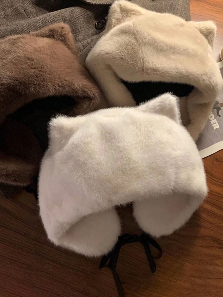 1 pieza Sombrero de trampero de unicolor de peluche con orejas de gato lindo para mujer, protección de orejas a prueba de viento, apto para otoño/invierno, uso casual diario, viajes, deportes de nieve al aire libre - sombrero lei feng - Añade 1