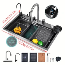 Black Kitchen Sink - Embedded Workstation, 304 Stainless Steel Waterfall Sink, Nano Coating, Perfect Integration Of Aesthetic Experience, Durability, And Versatility - 29.5''*17.5''*8'' - View 5