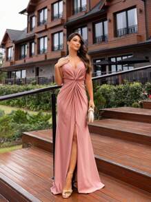 PARTY DRESS FOR BRIDESMAIDS AND GRADUATES WITH RHINESTONES STRAPS - Baby Pink - View 1