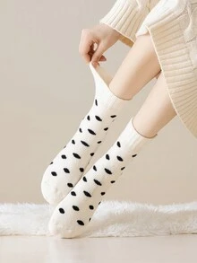 3 Pairs Winter Thickened Mid-Calf Socks For Women, Warm Polka Dot Merino Wool Blend Crew Socks - Multicolor - View 3
