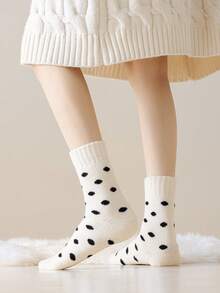 3 Pairs Winter Thickened Mid-Calf Socks For Women, Warm Polka Dot Merino Wool Blend Crew Socks - Multicolor - View 4