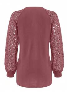 Women's Waffle Knit Blouse Puff Long Sleeve Hollow-Out Lace Tops Casual Loose T Shirts - 粉色 - 查看 5