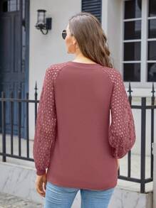 Women's Waffle Knit Blouse Puff Long Sleeve Hollow-Out Lace Tops Casual Loose T Shirts - 粉色 - 查看 2