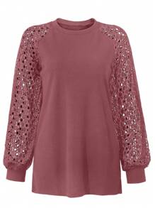 Women's Waffle Knit Blouse Puff Long Sleeve Hollow-Out Lace Tops Casual Loose T Shirts - 粉色 - 查看 4