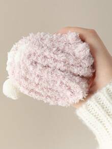 2 双女式珊瑚绒袜子，可爱卡通兔毛球设计，休闲舒适，适合秋冬季 - 粉色 - 查看 8