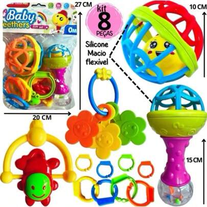 Kit Brinquedo Bebe Chocalho Mordedor Silicone Macio Bola Colorida 8 Peças Presente Para Menina e Menino Móbile para Berço