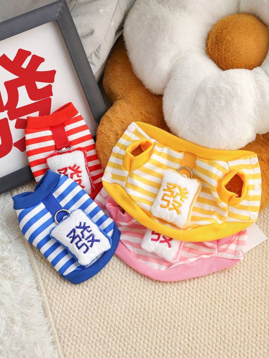 Áo len cardigan kẻ sọc thu đông có lớp lót giữ nhiệt, thiết kế hình mèo/chó may mắn dễ thương, có vòng xích, thích hợp cho thú cưng - Đỏ - Xem 1