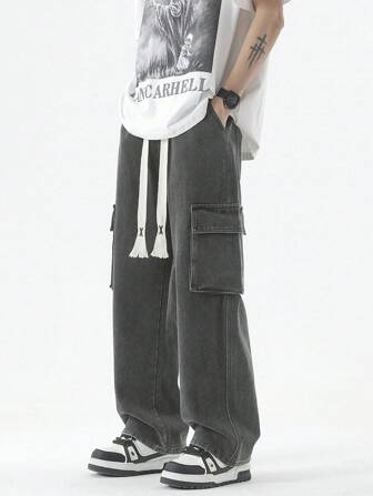 宽松直筒松紧腰工装牛仔裤，复古水洗宽松多口袋超大踝长裤