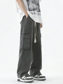 Relaxed Straight Leg Elastic Waist Cargo Jeans, Vintage Washed Baggy Multi Pockets Oversized Ankle Length Pants - Grey - View 2