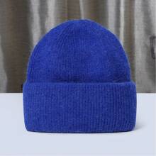 1pc Women's Rabbit Hair Knitted Warm Beanie, Double-Layer Folded Brim Pullover Hat, Solid Color, Versatile For Autumn/Winter