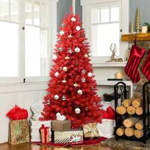 7ft Artificial Red Christmas Tree Halloween Tree Premium Hinged Spruce Full Real Red Xmas Tree With 1066 Branch Tips Easy To Assemble Includes Metal Foldable Stand Christmas Decorations Home Christmas Gifts Christmas Decor - Red - View 3
