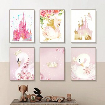1 Stück Wandkunst Poster wahlweise mit Rahmen, Schwanenprinzessin Leinwandkunstdruck für Kinderzimmer, Aquarell Schwanen Blume Puderpink Gold Leinwandmalerei, Babyzimmer Dekoration Tiere Reise