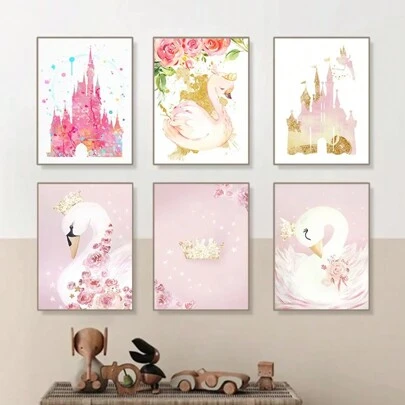 1pc Wall Arts Posters Optional Frame Swan Princess Canvas Art Print Nursery Decor Watercolor Swan Flower Blush Gold Canvas Painting Baby Girls Room Decoration Animals Travel