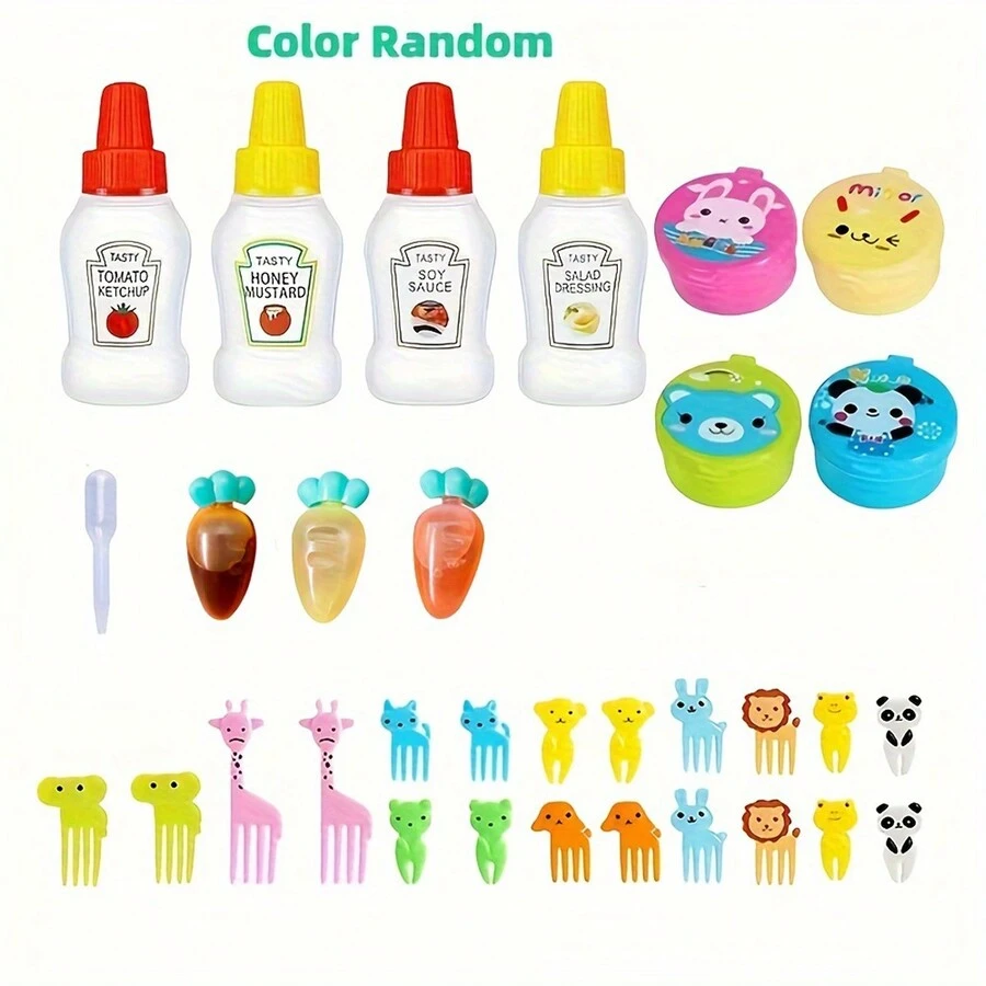 32 件迷你可重复使用调味品挤压瓶和塑料水果叉套装，多种颜色可选，可爱的食物装饰配件，适用于便当盒、蛋糕、甜点、派对午餐 - 彩色 - 查看 1