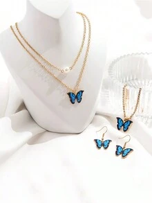 CVNANA 4 件时尚蓝蝴蝶女士金链项链耳环手链套装，简约新潮流珠宝派对礼物 - A - 查看 6