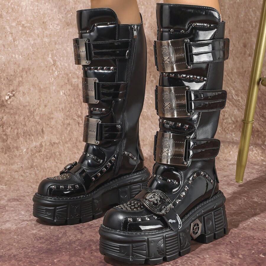 Rivet Punk Style Women's Lace-Up Thick Platform Motorcycle Boots, Heavy Metal Chunky Sole Work Boots - Black - View 1