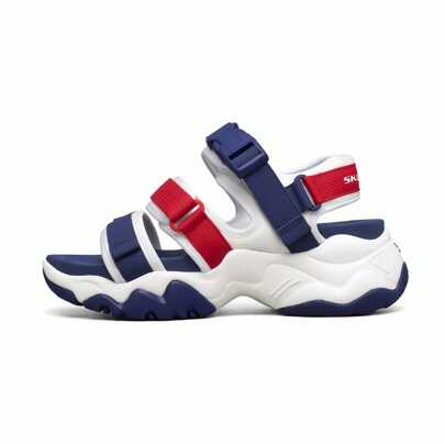 Skechers Women's Casual Comfortable Versatile Hook And Loop Platform White-Navy Blue Sandals, Suitable For Beach Wear