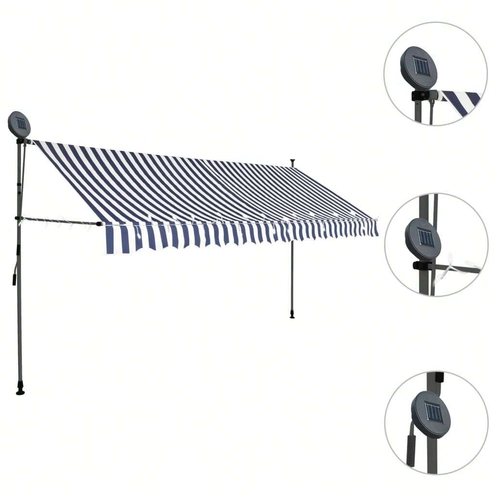 Retractable Manual Awning With Lighting Blue And White 1378 Outdoor