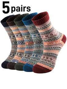 5 双儿童/青少年男孩复古日式工装风格中筒袜，印花，时尚欧美风格，秋冬 - 彩色 - 查看 1