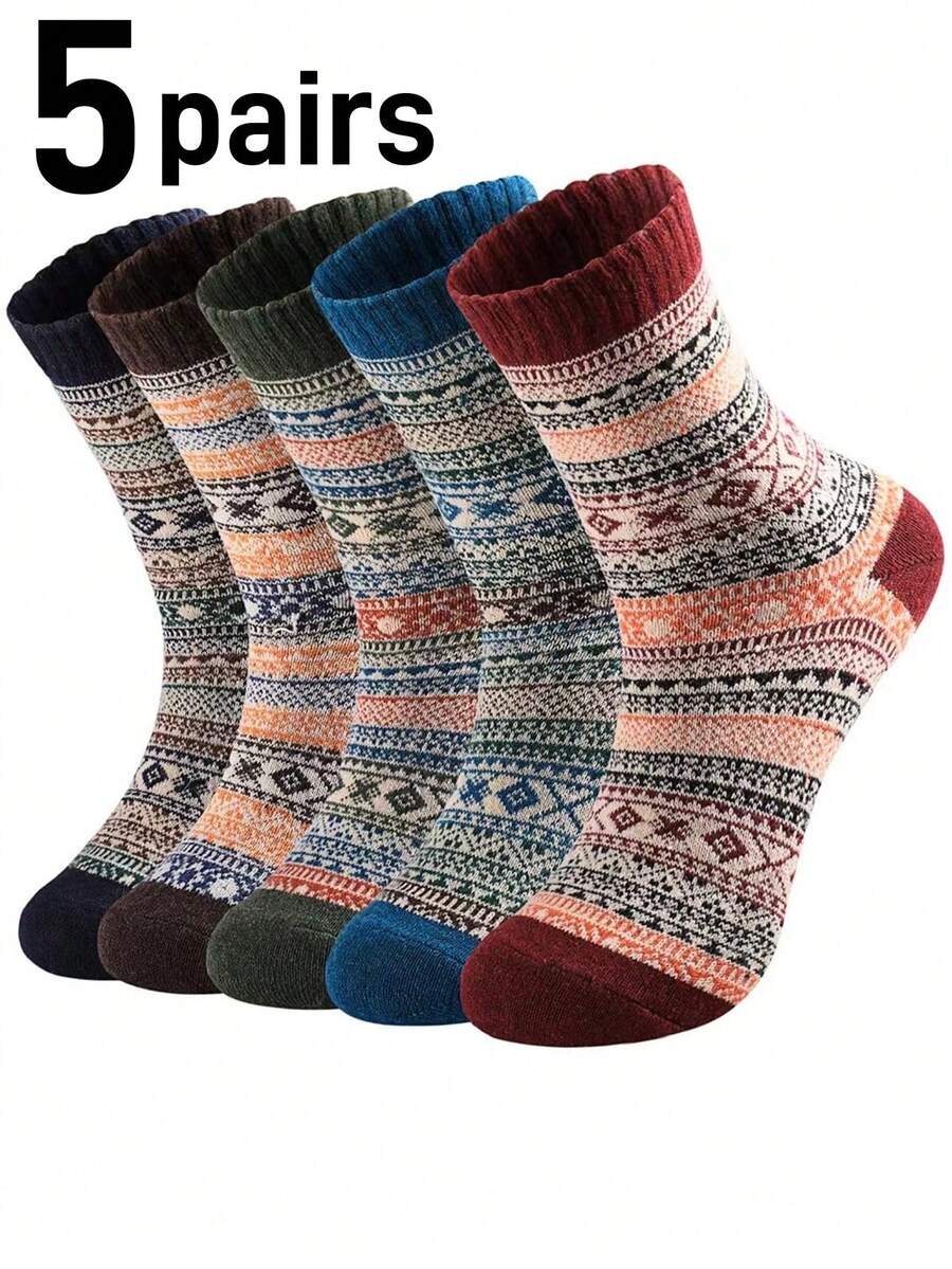 5 双儿童/青少年男孩复古日式工装风格中筒袜，印花，时尚欧美风格，秋冬 - 彩色 - 查看 1