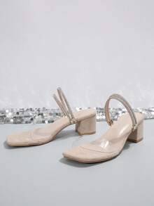 Giày cao gót đế giữa bằng da lộn trong suốt quai đính đá thời trang cỡ lớn cho nữ, giày cao gót hở mũi 2 trong 1 đa năng, thoải mái, chống trượt, phù hợp cho gia đình, tiệc tùng và công sở - Màu be - Xem 8