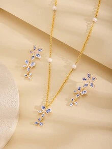 复古优雅青花瓷耳环和项链套装 - 金黃色 - 查看 2