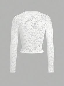 Vaiaye 女士春夏 V 领针织透视系带蕾丝 T 恤，低胸蝴蝶结性感收腰长袖上衣，适合情人节穿着 - 白色 - 查看 4