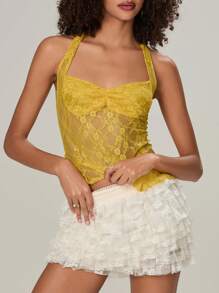 Women's Y2K Lace Cami Tank Top Sexy Mesh See Through Spaghetti Strap Crop Camisole Backless Bustier Going Out Tops - Yellow - View 3