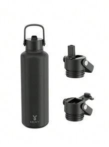 24盎司保温水瓶，双吸管盖，24小时保冷，防漏，不锈钢真空保温咖啡杯，旅行杯，双层不锈钢运动水瓶，适合户外、健身房、旅行和上学使用 - 黑色 - 查看 3