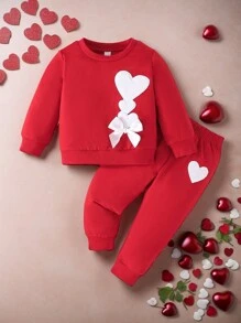 2 件装女婴爱心刺绣蝴蝶结运动衫和裤子套装，秋冬
