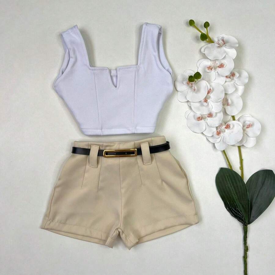 Stylish Set For Girls Cropped Top And Tailored Shorts With Belt Blogger - 白色 - 查看 1