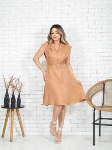 PLAIN WOMEN'S DRESS WITH BELT NEW COLLECTION - Màu Khaki - Xem 3