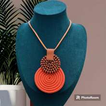 Women's Long Necklace Pendant Mandala Spiral Rope Handmade - Coral Chevron Pt - View 4