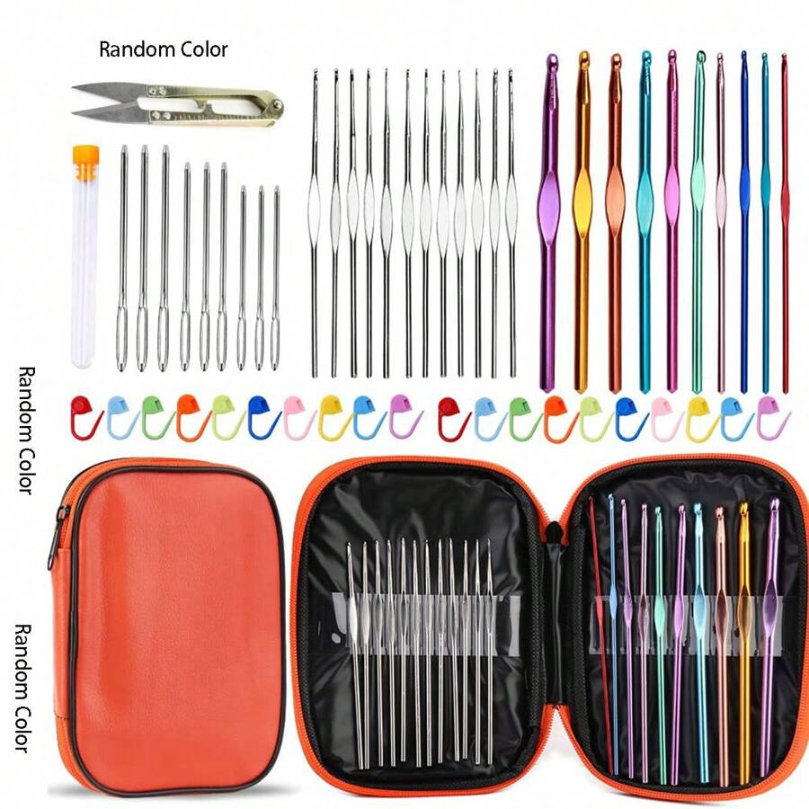 EDCUEBE7 54pcs Multi-Color Premium Crochet Hook Set, Ergonomic Knitting Needle Set With Storage Box, Sewing Needle, Stitch Marker For DIY Handcraft, Suitable For Beginners (Random Color For Storage Bag, Markers, Scissors) - Multicolor - View 1