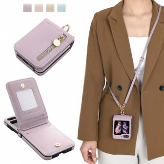 Crossbody 1 件 L 型指环支架可折叠手机壳，兼容 Galaxy Z Flip4 5G，带指环支架、颈带、肩带、时尚、轻巧、纤薄、可折叠、后卡槽、零钱包、可爱、减震、可调节肩带、防摔手机保护套