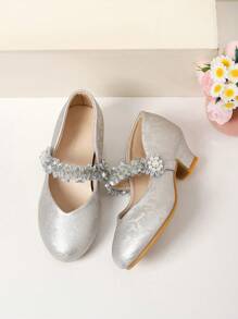 1 par de nuevos y elegantes tacones altos infantiles con suela antideslizante y lazo sólido, apropiados para salidas y temporada escolar, tacones altos para adolescentes como regalo para niñas