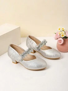 1 par de nuevos y elegantes tacones altos infantiles con suela antideslizante y lazo sólido, apropiados para salidas y temporada escolar, tacones altos para adolescentes como regalo para niñas