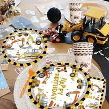 10pcs Construction Birthday Party Supplies Yellow Construction Theme Decorations Includes Plates, Cups, Napkins Dinnerware Set Happy Construction Birthday Party Decorations Excavator Plates Napkins Cup Tableware Set - Multicolor - View 4