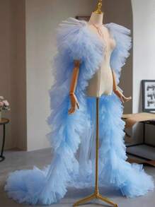 欧美风格新娘蕾丝面纱长袍礼服配饰带拖尾女士秋季服装