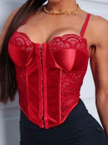 Women's Satin Lace Corset With Padded Straps Adjustment Women's Clothing Corse Leotard - 紅色 - 查看 2