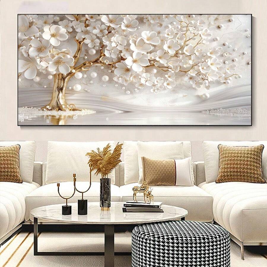 1PC 2D Flat Art Tree Flowers On Canvas, Abstract Floral Tree Home Decor Painting,Print Wall Art Poster,Gift,No Unframed - Black - View 1