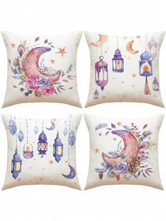 1 件家居装饰枕套现代节日多色装饰灯月亮和星星图案单面印花靠垫套短毛绒材料不含枕芯家庭礼物