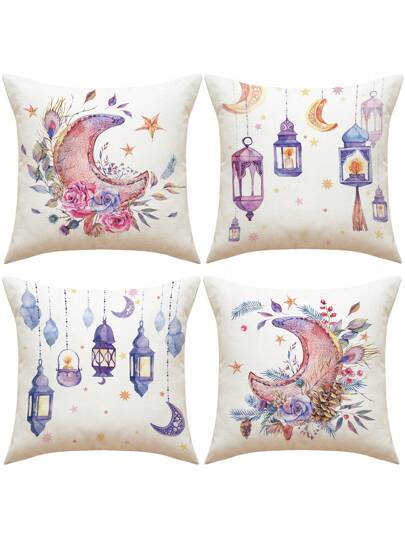 1 件家居装饰枕套现代节日多色装饰灯月亮和星星图案单面印花靠垫套短毛绒材料不含枕芯家庭礼物